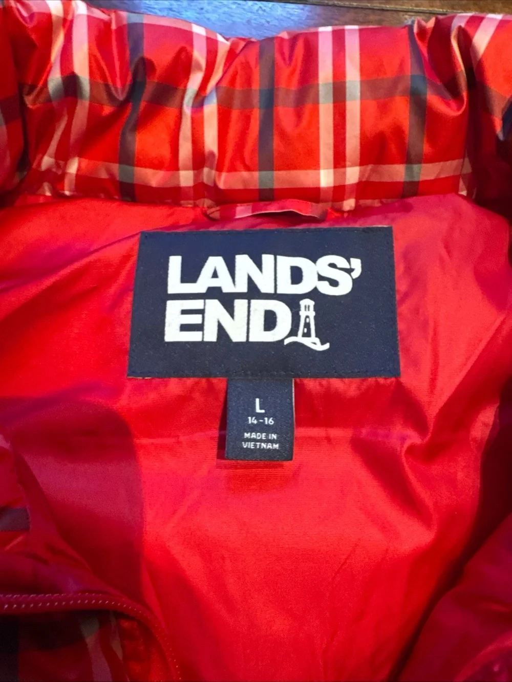 LANDS' END Women's L Down Puffer Vest Red Blue White Plaid Pockets